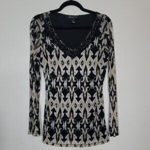 Y2K INC Sheer Mesh Long Sleeve Top Size M Black Nylon Whimsigoth Sequin VNeck